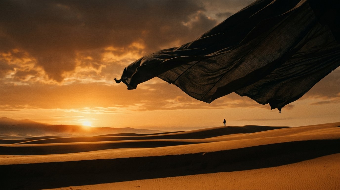 Desert landscape with black tent canopy and tiny human silhouette at sunset
